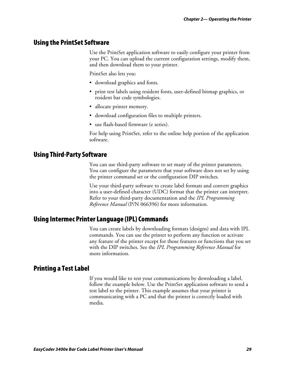 Using the printset software, Using third-party software, Using intermec printer language (ipl) commands | Printing a test label, C d 39 | Genicom EasyCoder 3400e User Manual | Page 41 / 126