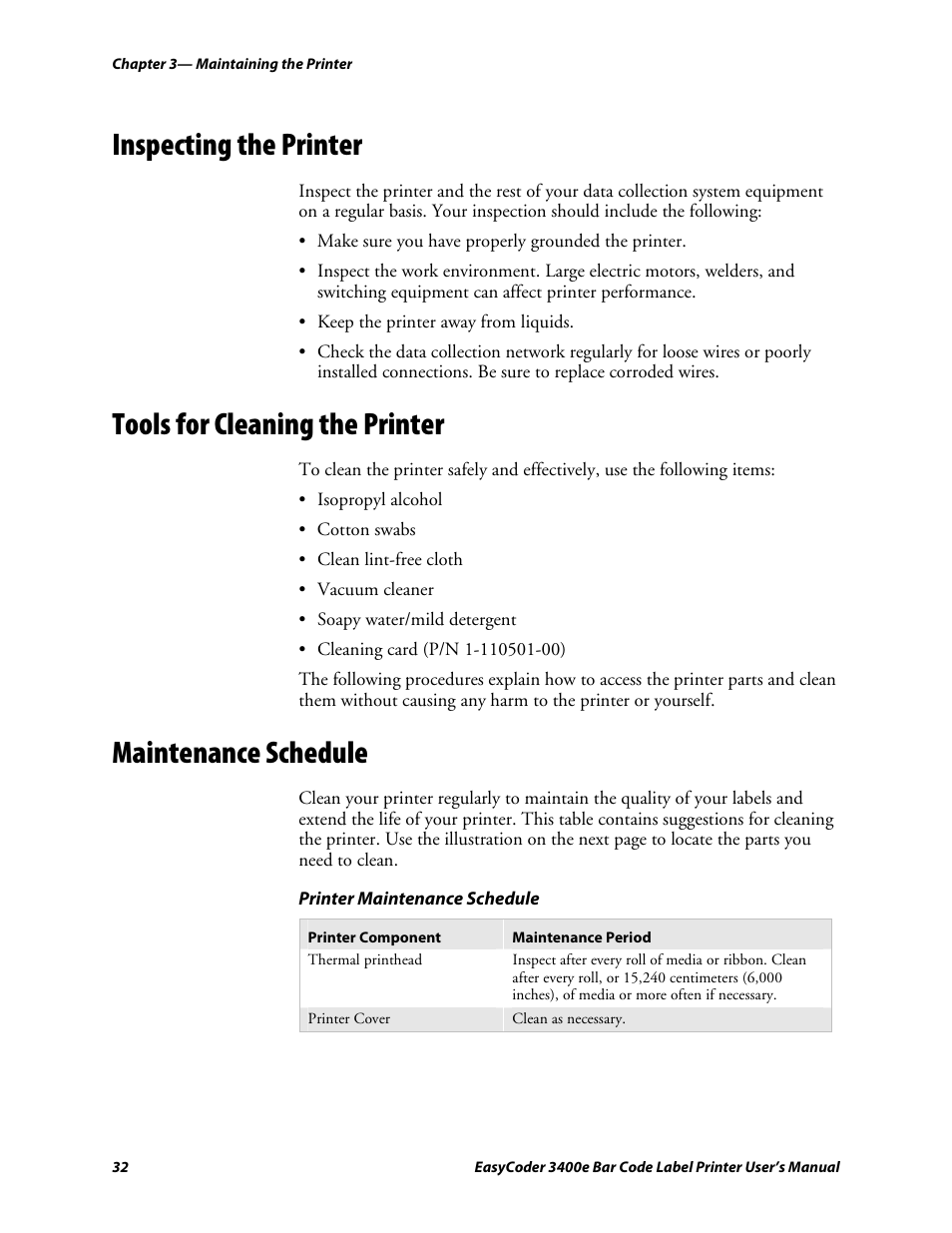 Inspecting the printer, Tools for cleaning the printer, Maintenance schedule | C d 39 | Genicom EasyCoder 3400e User Manual | Page 44 / 126