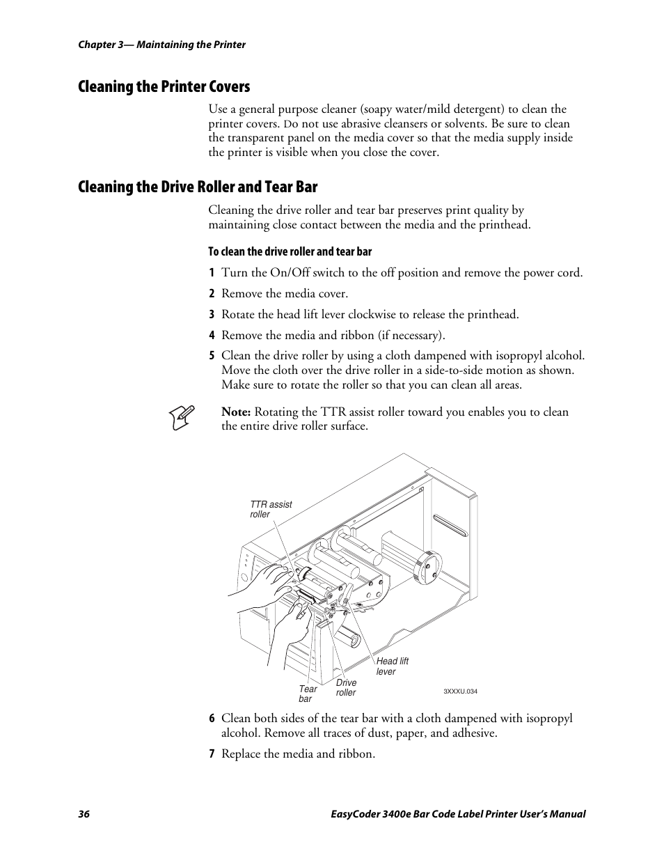 Cleaning the printer covers, Cleaning the drive roller and tear bar, C d 39 | Genicom EasyCoder 3400e User Manual | Page 48 / 126