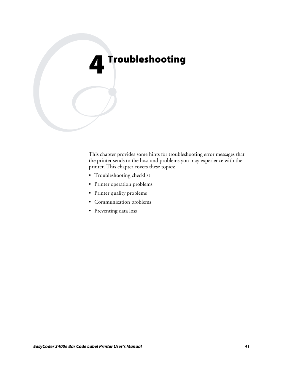 Chapter 4 - troubleshooting, Troubleshooting | Genicom EasyCoder 3400e User Manual | Page 53 / 126