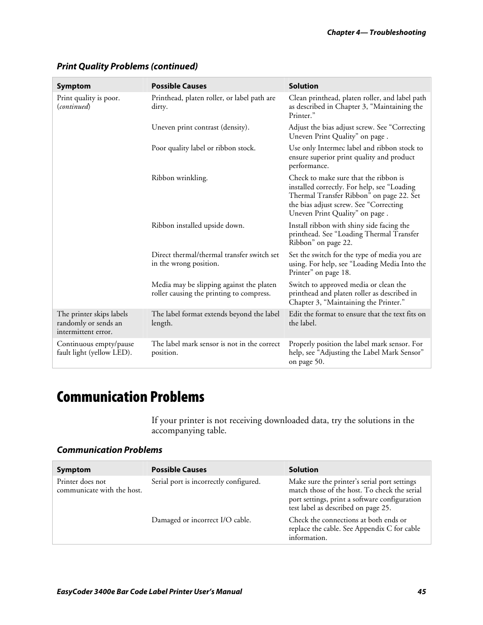Communication problems, C d 39 | Genicom EasyCoder 3400e User Manual | Page 57 / 126