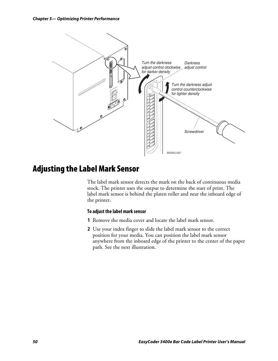 Adjusting the label mark sensor, C d 39 | Genicom EasyCoder 3400e User Manual | Page 62 / 126