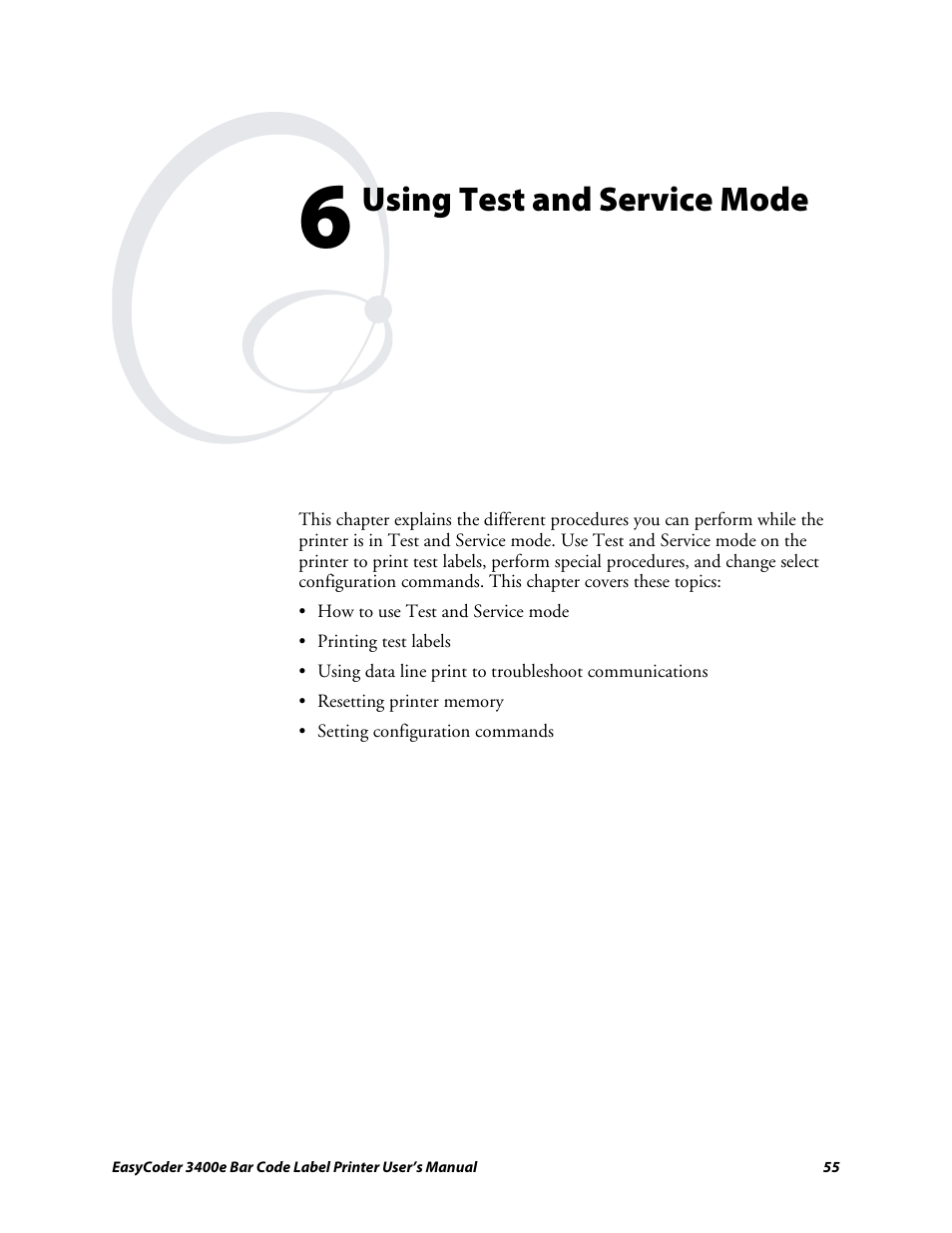 Chapter 6 - using test and service mode, Using test and service mode | Genicom EasyCoder 3400e User Manual | Page 67 / 126