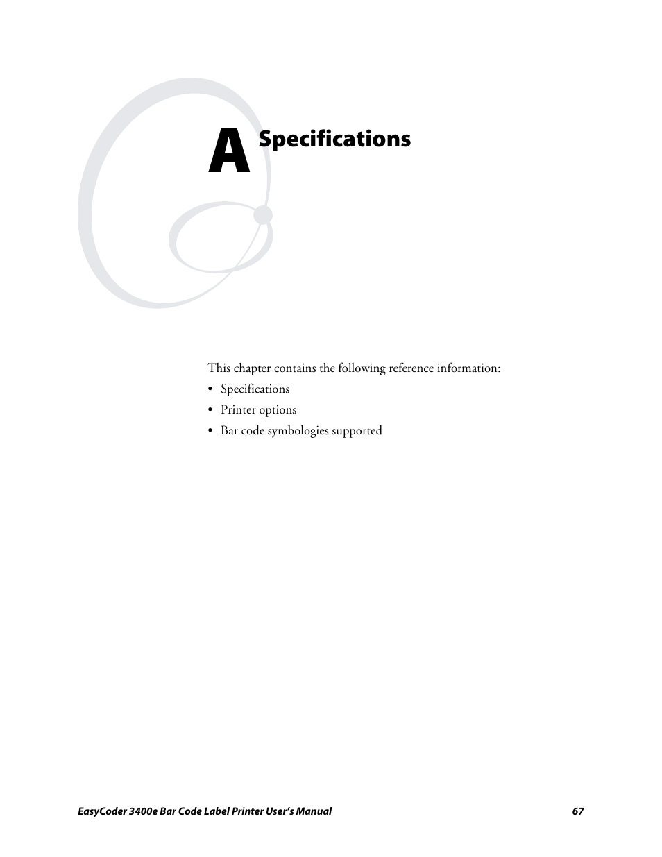 Appendix a - specifications, Specifications | Genicom EasyCoder 3400e User Manual | Page 79 / 126