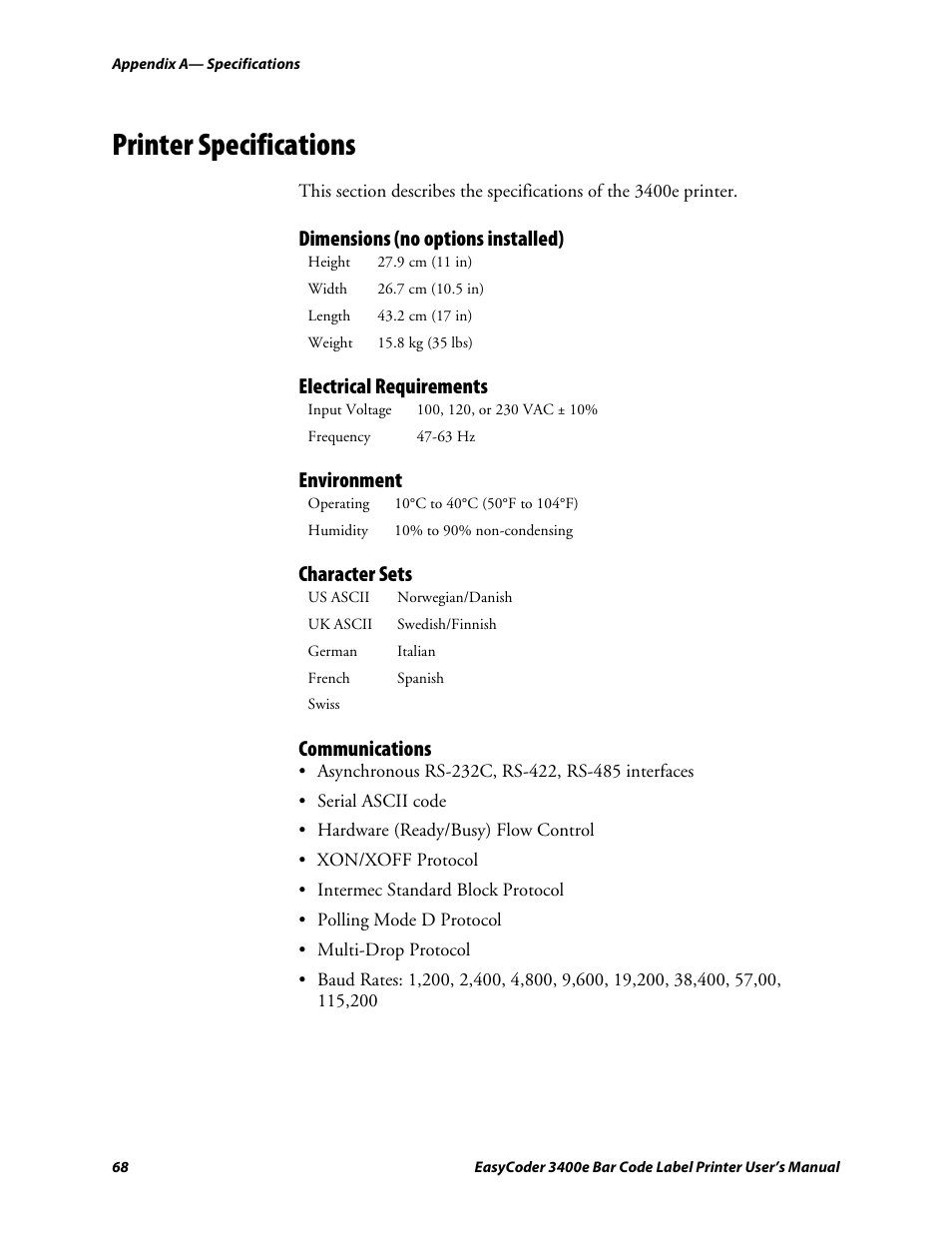 Printer specifications, Dimensions (no options installed), Electrical requirements | Environment, Character sets, Communications, C d 39 | Genicom EasyCoder 3400e User Manual | Page 80 / 126