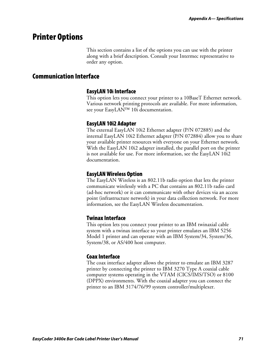Printer options, Communication interface, Easylan 10i interface | Easylan 10i2 adapter, Easylan wireless option, Twinax interface, Coax interface, C d 39 | Genicom EasyCoder 3400e User Manual | Page 83 / 126