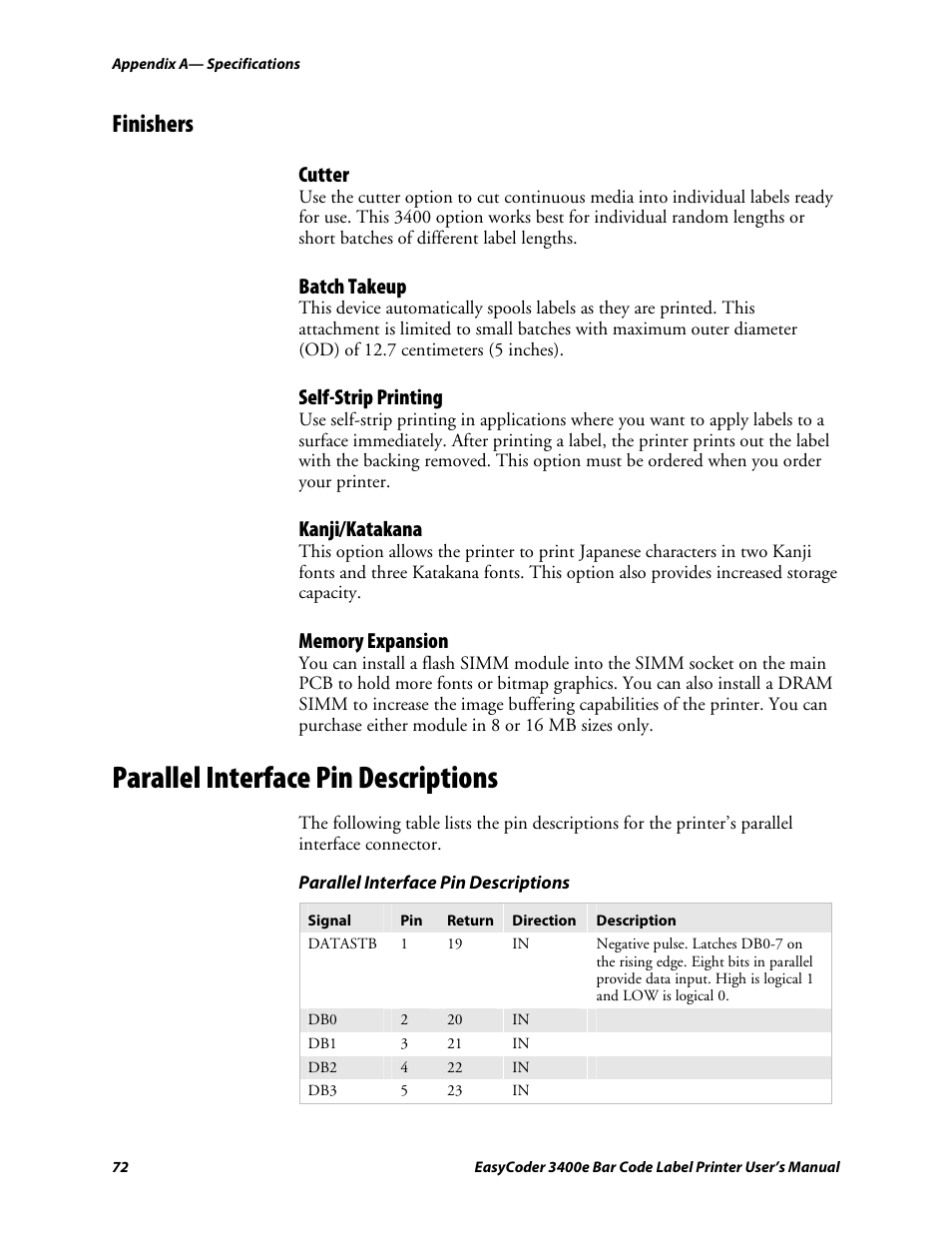 Finishers, Cutter, Batch takeup | Self-strip printing, Kanji/katakana, Memory expansion, Parallel interface pin descriptions, C d 39 | Genicom EasyCoder 3400e User Manual | Page 84 / 126