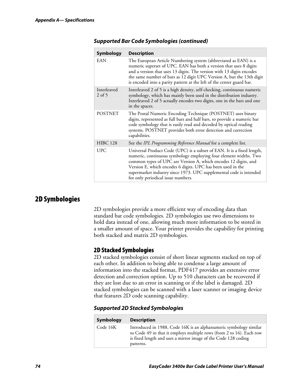 2d symbologies, 2d stacked symbologies, C d 39 | Genicom EasyCoder 3400e User Manual | Page 86 / 126
