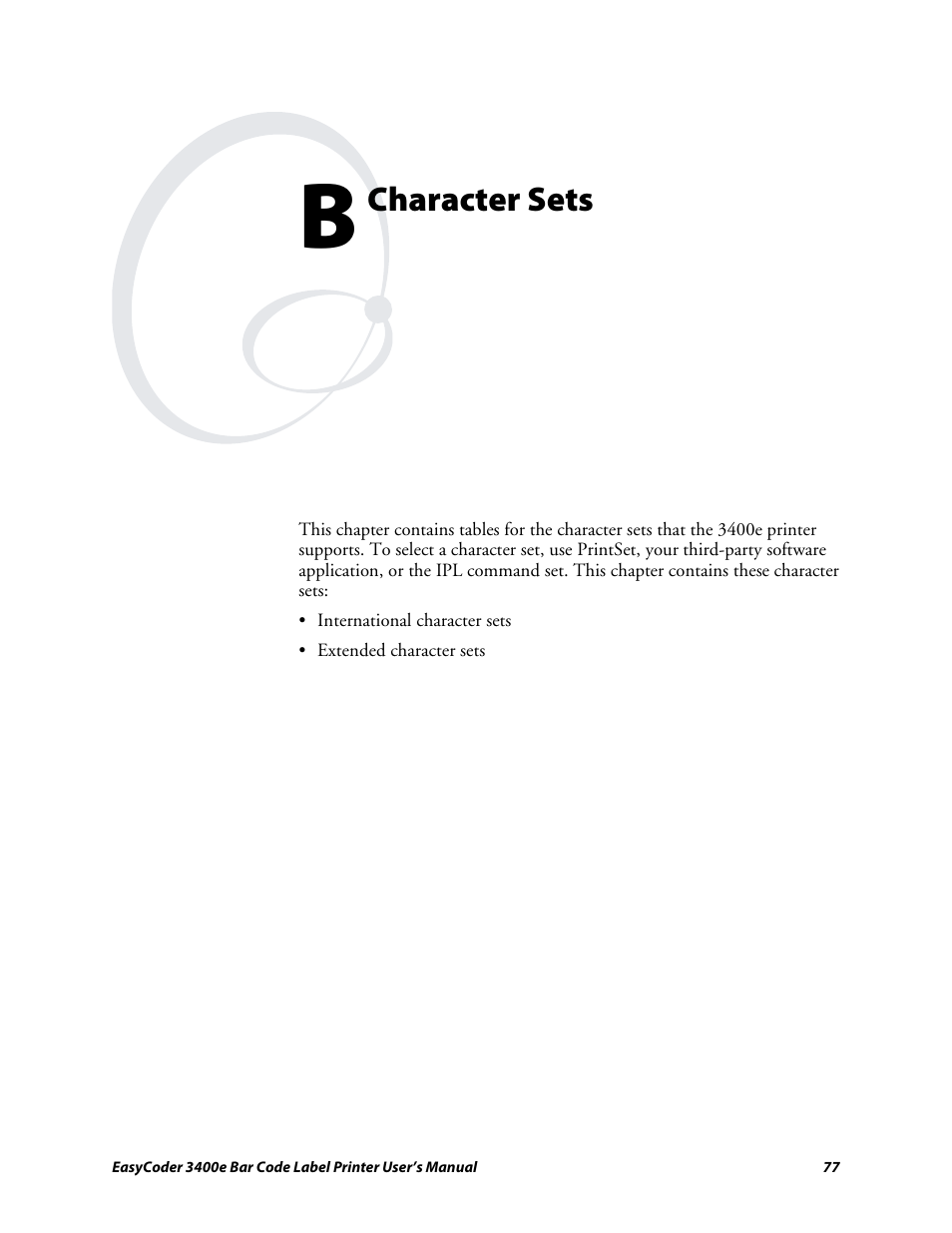 Appendix b - character sets, Character sets | Genicom EasyCoder 3400e User Manual | Page 89 / 126