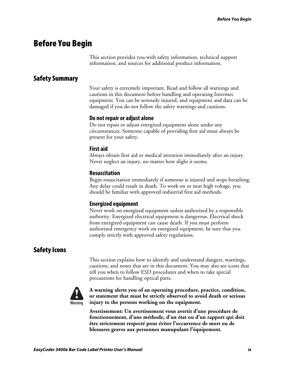 Before you begin, Safety summary, Safety icons | C d 39 | Genicom EasyCoder 3400e User Manual | Page 9 / 126