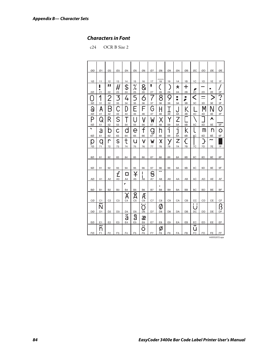 C d 39, Characters in font, Appendix b— character sets | C24 ocr b size 2 | Genicom EasyCoder 3400e User Manual | Page 96 / 126