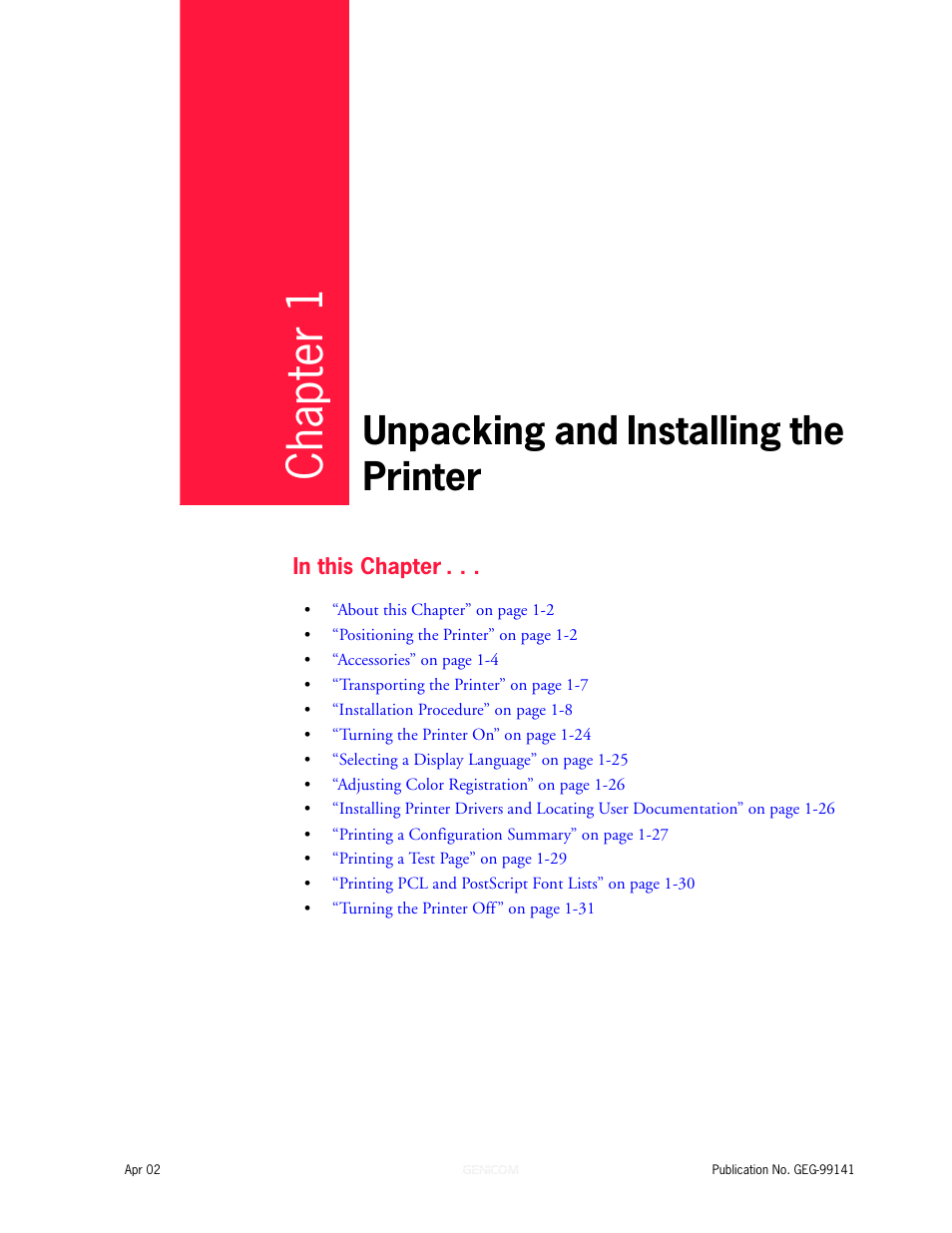 Unpacking and installing the printer, Chapter 1, Unpacking and installing the printer 1-1 | Genicom cL160 User Manual | Page 21 / 216