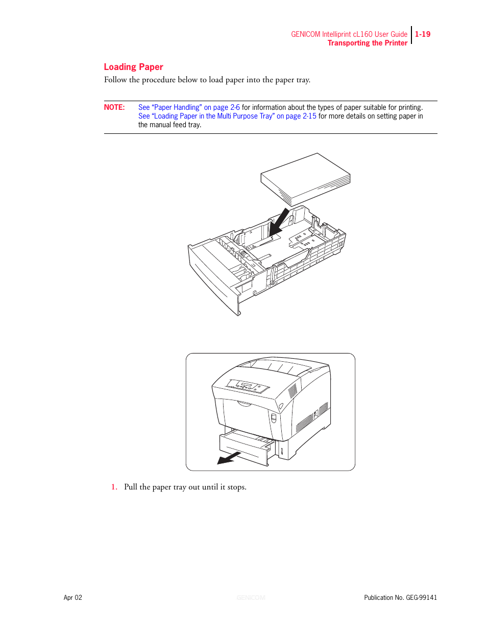 Loading paper 1-19 | Genicom cL160 User Manual | Page 39 / 216