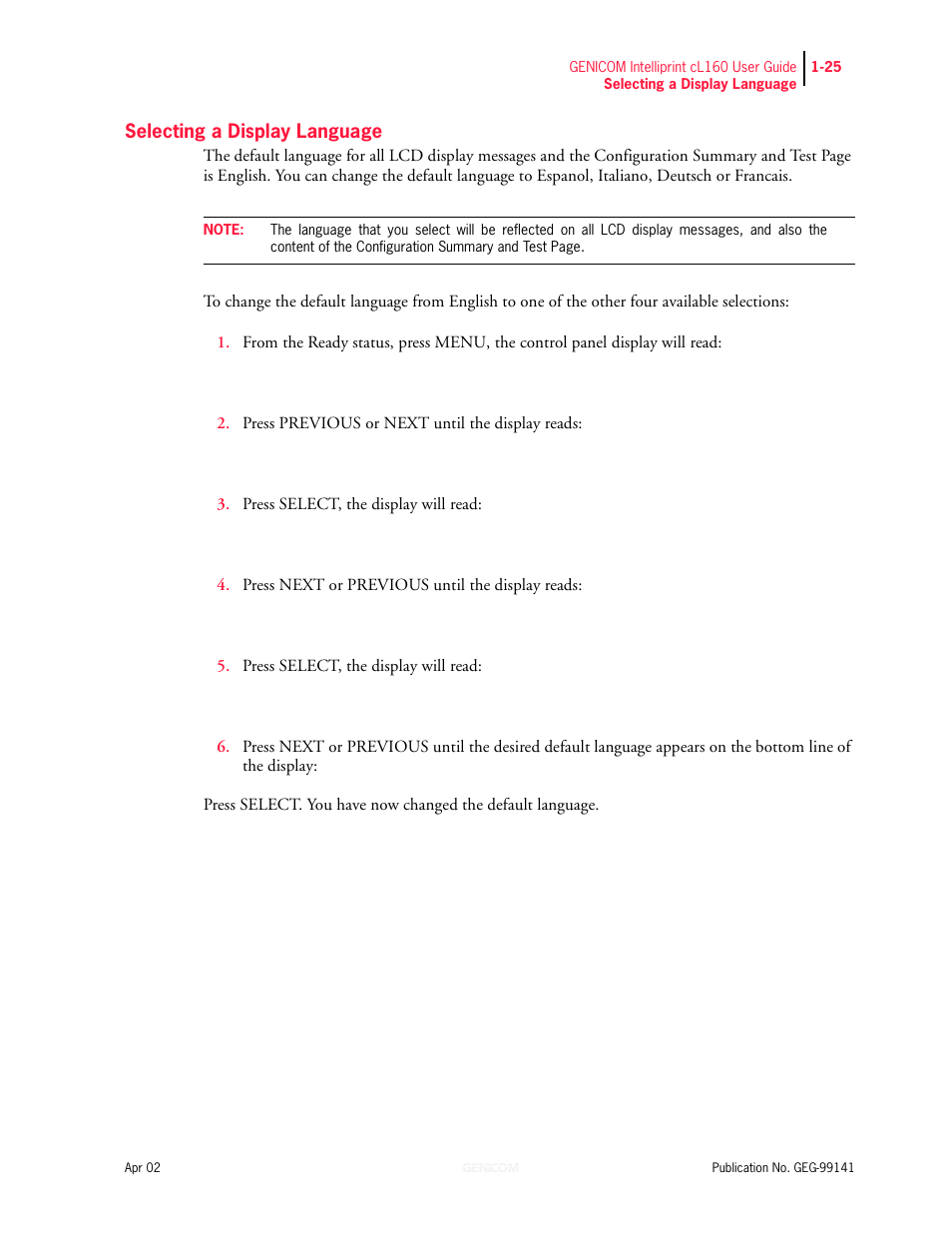 Selecting a display language, Selecting a display language 1-25 | Genicom cL160 User Manual | Page 45 / 216