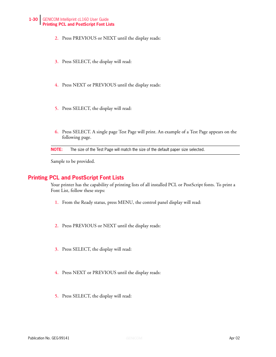 Printing pcl and postscript font lists, Printing pcl and postscript font lists 1-30 | Genicom cL160 User Manual | Page 50 / 216