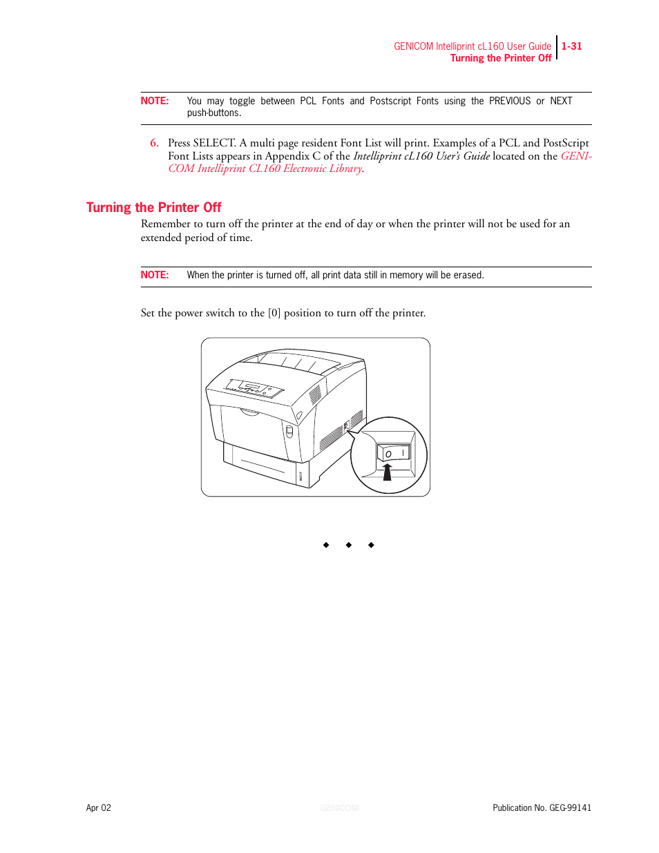Turning the printer off, Turning the printer off 1-31 | Genicom cL160 User Manual | Page 51 / 216