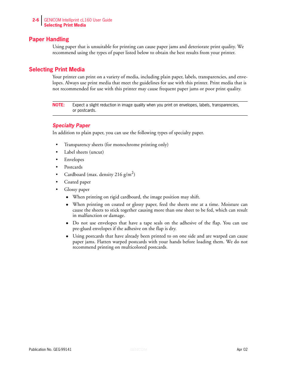 Paper handling, Selecting print media, Selecting print media 2-6 | Genicom cL160 User Manual | Page 58 / 216