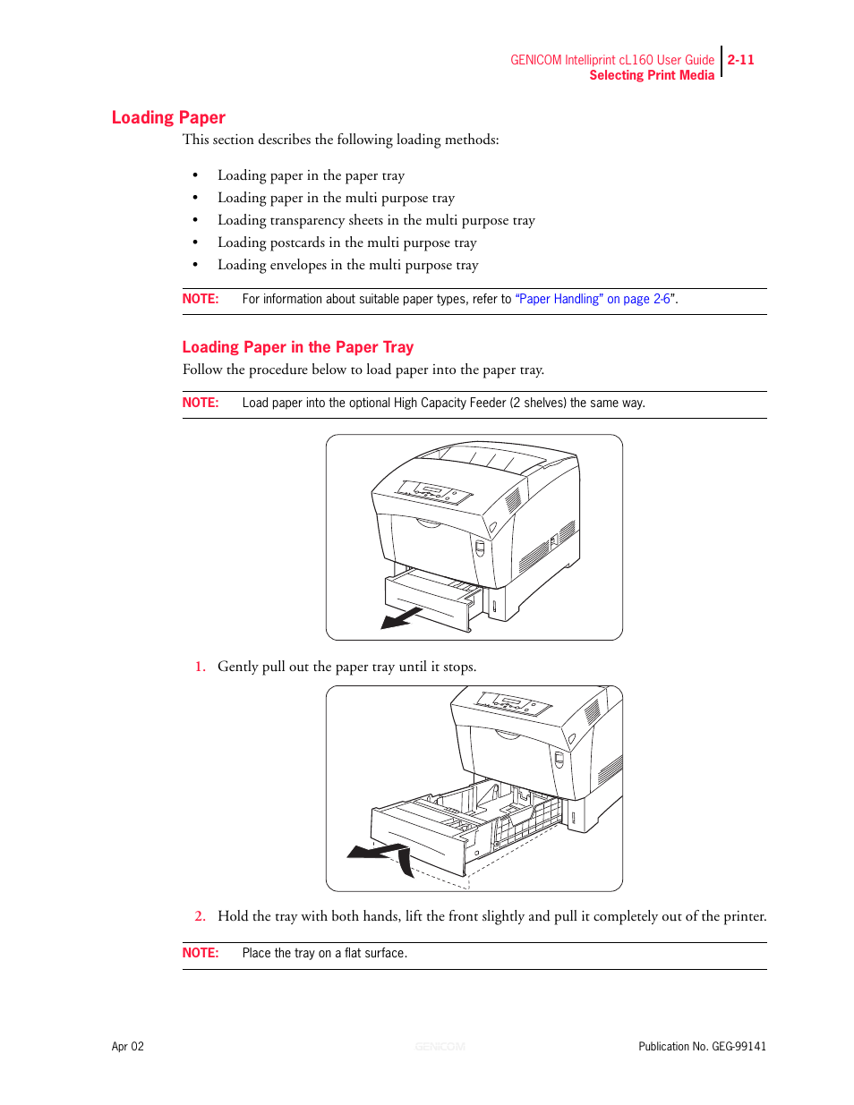 Loading paper, Loading paper in the paper tray 2-11 | Genicom cL160 User Manual | Page 63 / 216