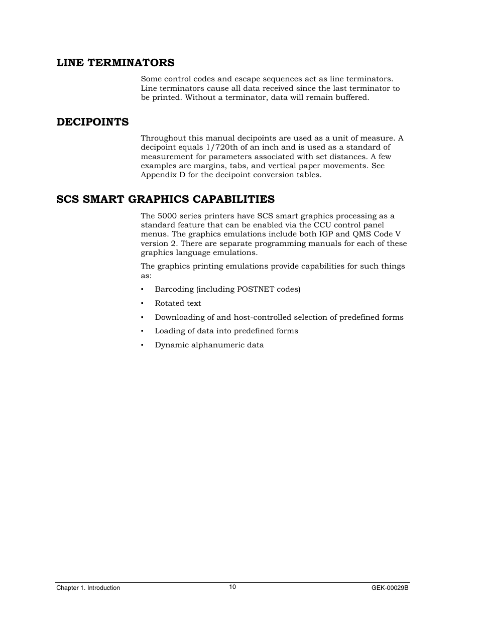 Line terminators, Deci points, Scs smart graphics capabilities | Decipoints | Genicom GEK 00031B User Manual | Page 10 / 314