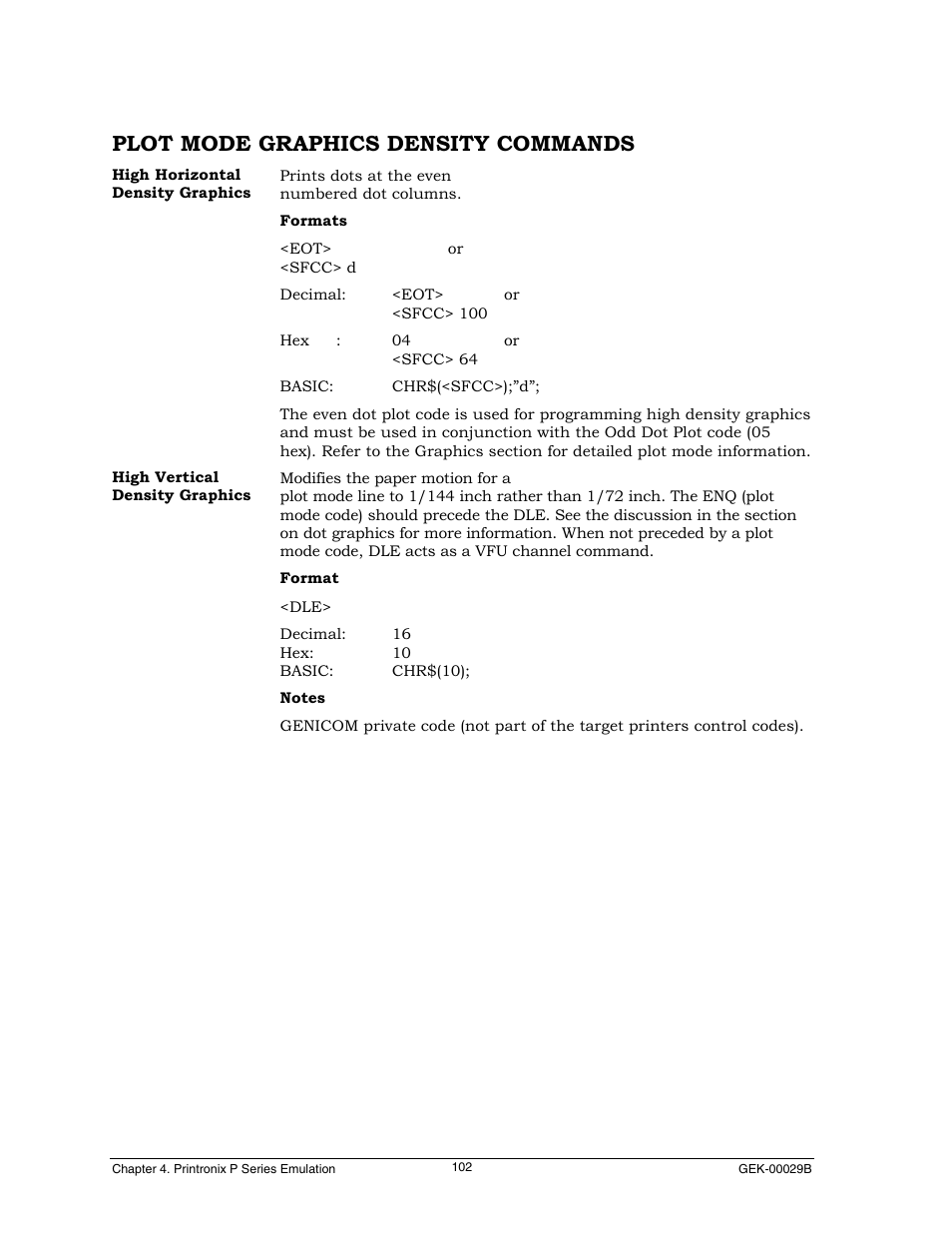 Plot mode graphics density commands | Genicom GEK 00031B User Manual | Page 102 / 314