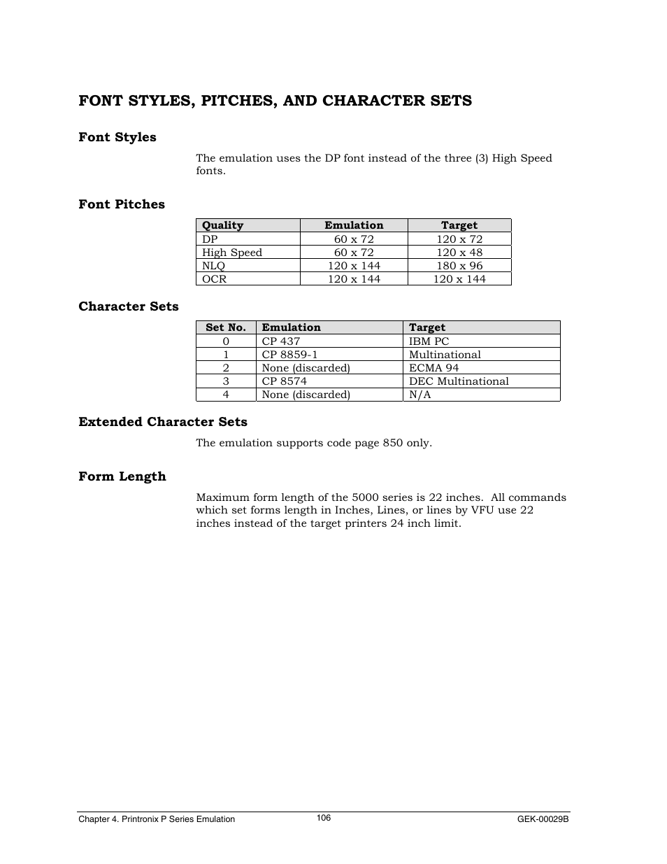 Font styles, pitches, and character sets, Font styles, Font pitches | Character sets, Extended character sets, Form length | Genicom GEK 00031B User Manual | Page 106 / 314