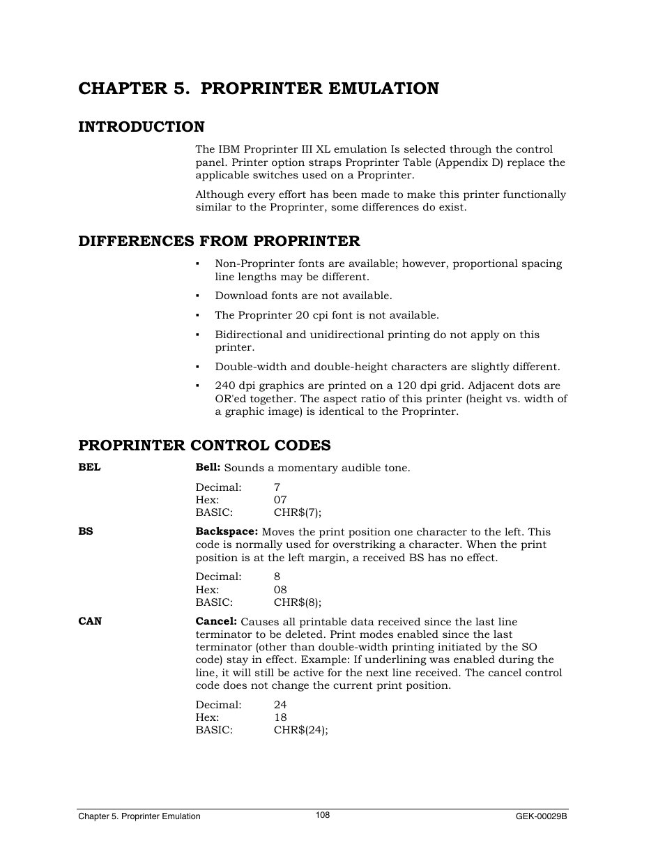 Chapter 5. proprinter emulation, Introduction, Differences from proprinter | Proprinter control codes | Genicom GEK 00031B User Manual | Page 108 / 314