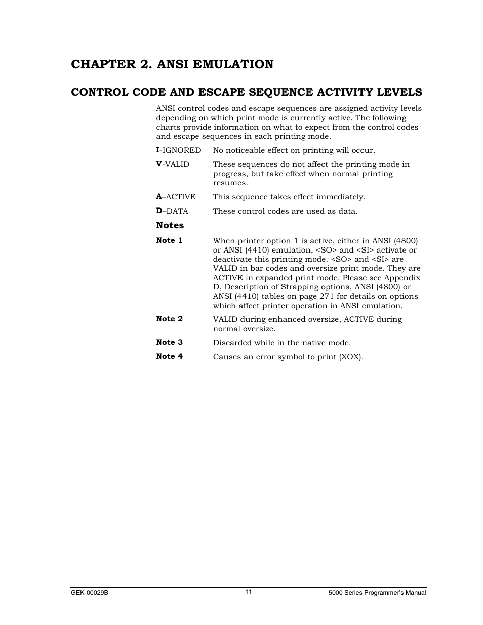 Chapter 2.ansi emulation, Control code and escape sequence activity levels, Chapter 2. ansi emulation | Genicom GEK 00031B User Manual | Page 11 / 314