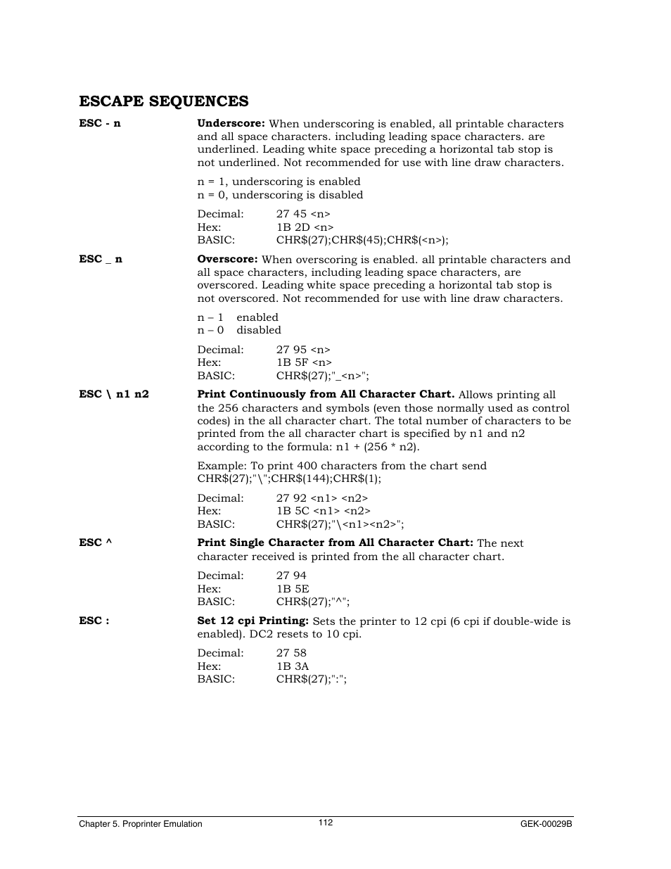 Escape sequences | Genicom GEK 00031B User Manual | Page 112 / 314