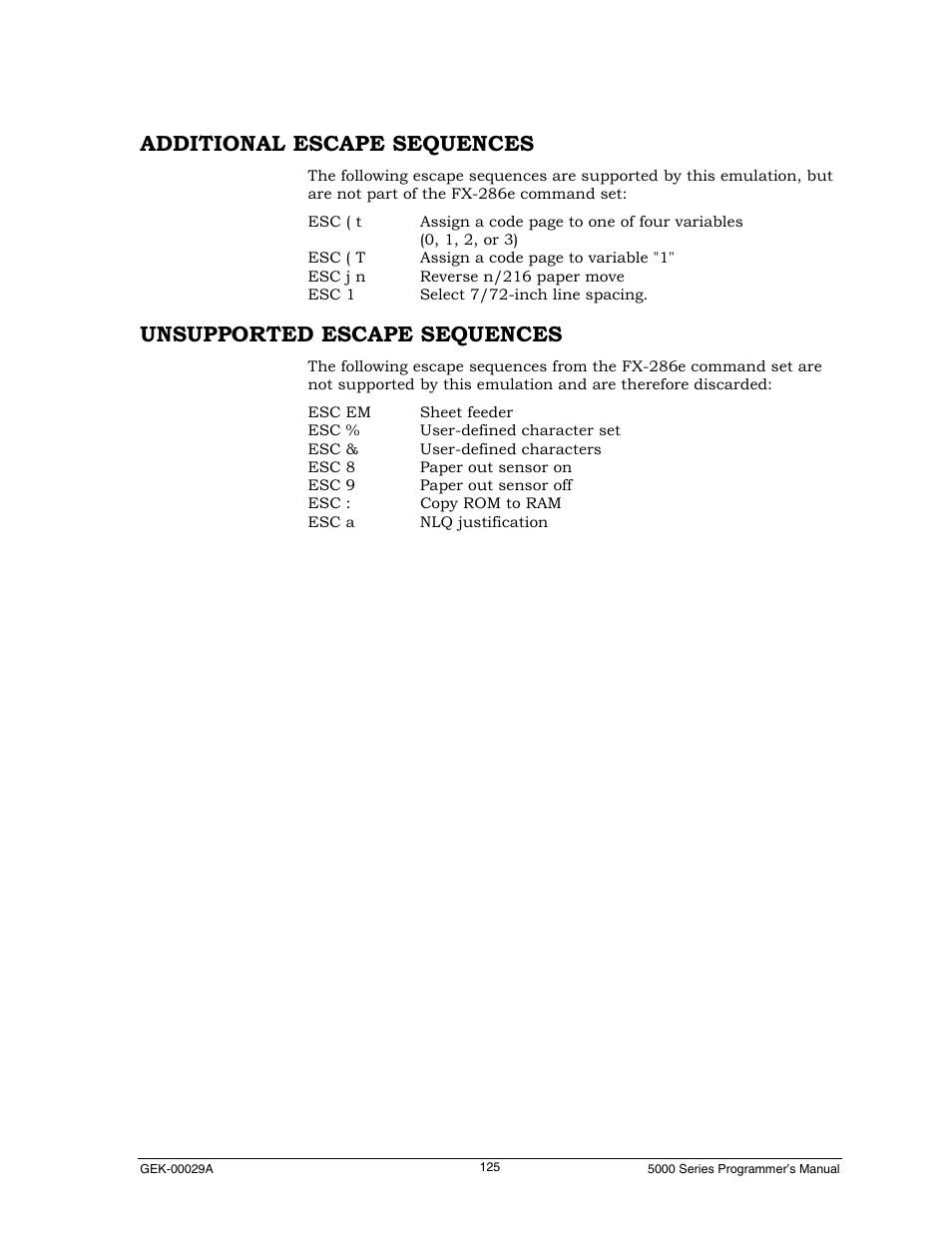 Additional escape sequences, Unsupported escape sequences | Genicom GEK 00031B User Manual | Page 125 / 314