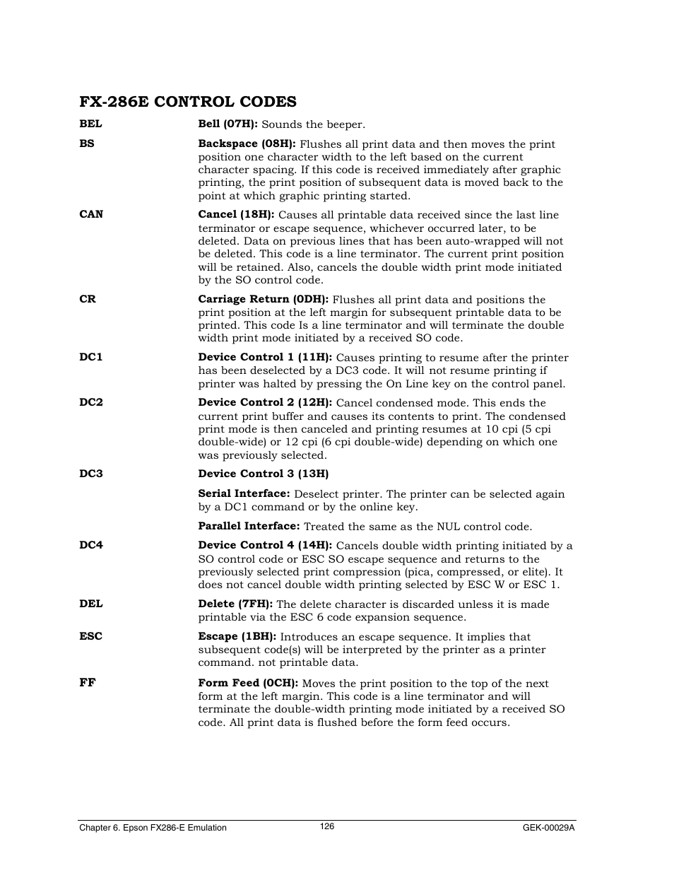 Fx-286e control codes | Genicom GEK 00031B User Manual | Page 126 / 314