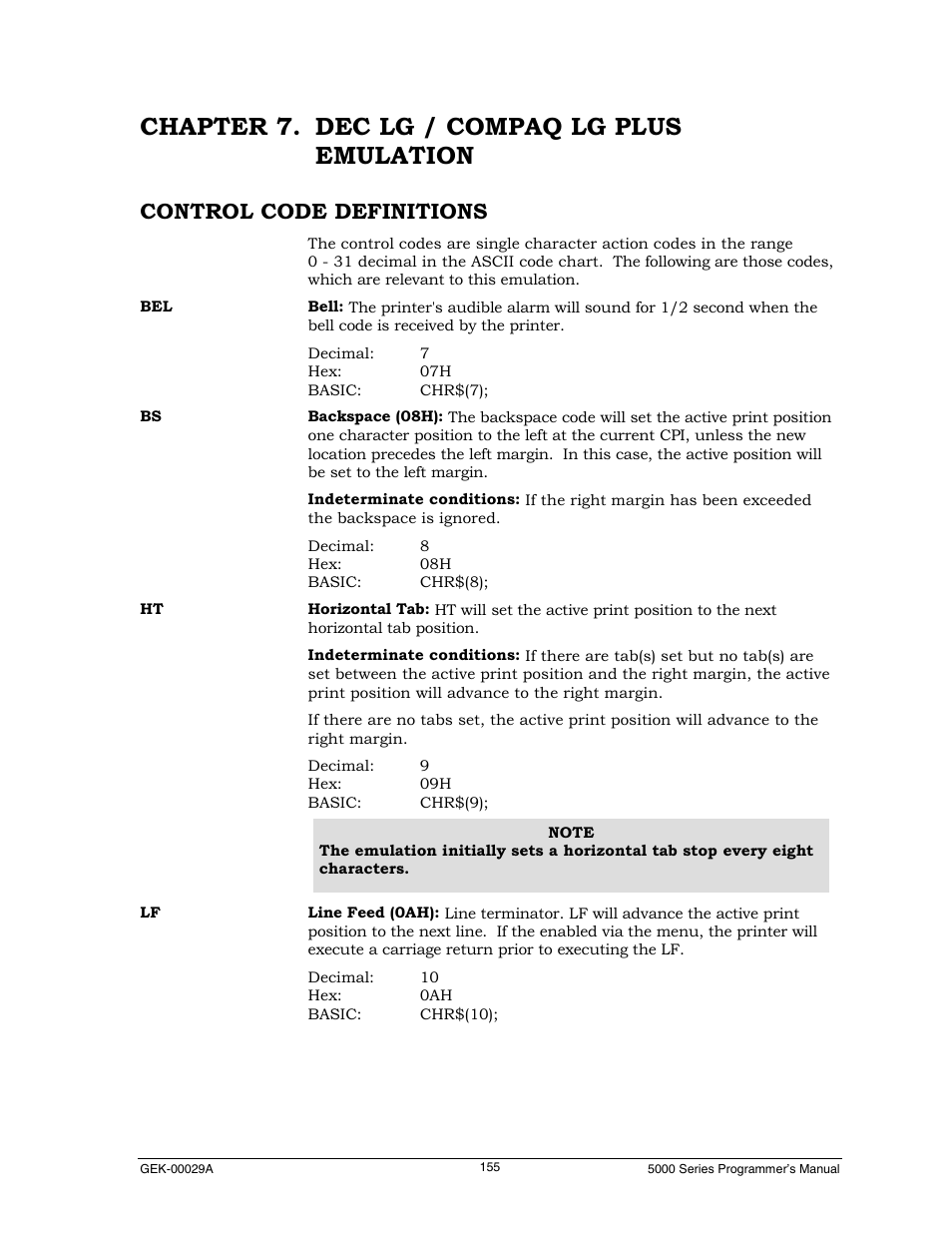 Chapter 7. dec lg / compaq lg plus emulation, Control code definitions | Genicom GEK 00031B User Manual | Page 155 / 314