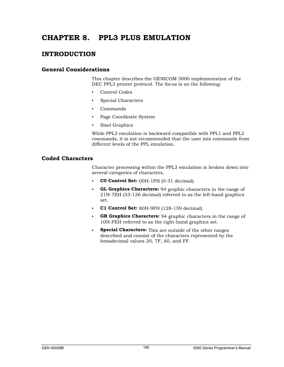 Chapter 8. ppl3 plus emulation, Introduction, General considerations | Coded characters | Genicom GEK 00031B User Manual | Page 195 / 314