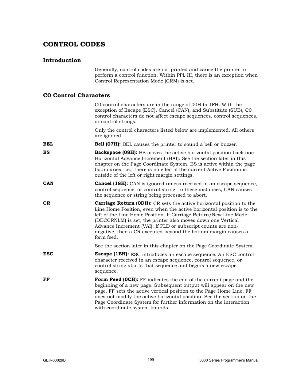 Control codes, Introduction, C0 control characters | Genicom GEK 00031B User Manual | Page 199 / 314