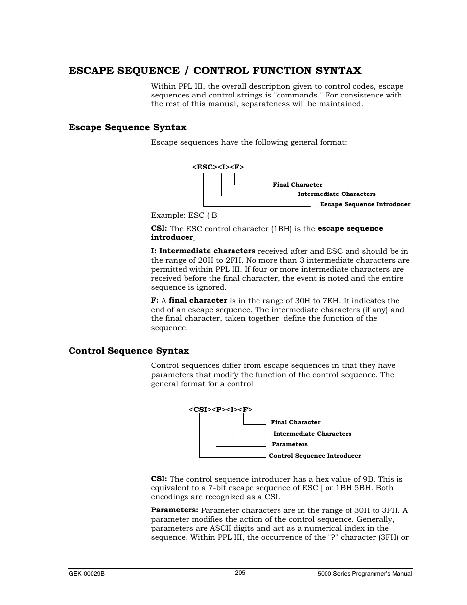 Escape sequence / control function syntax, Escape sequence syntax, Control sequence syntax | Genicom GEK 00031B User Manual | Page 205 / 314