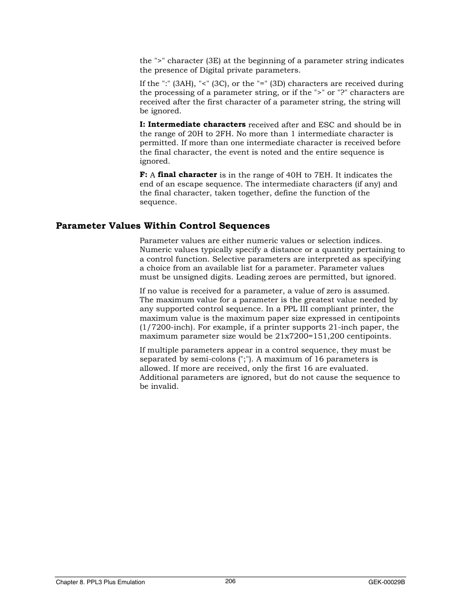 Parameter values within control sequences | Genicom GEK 00031B User Manual | Page 206 / 314