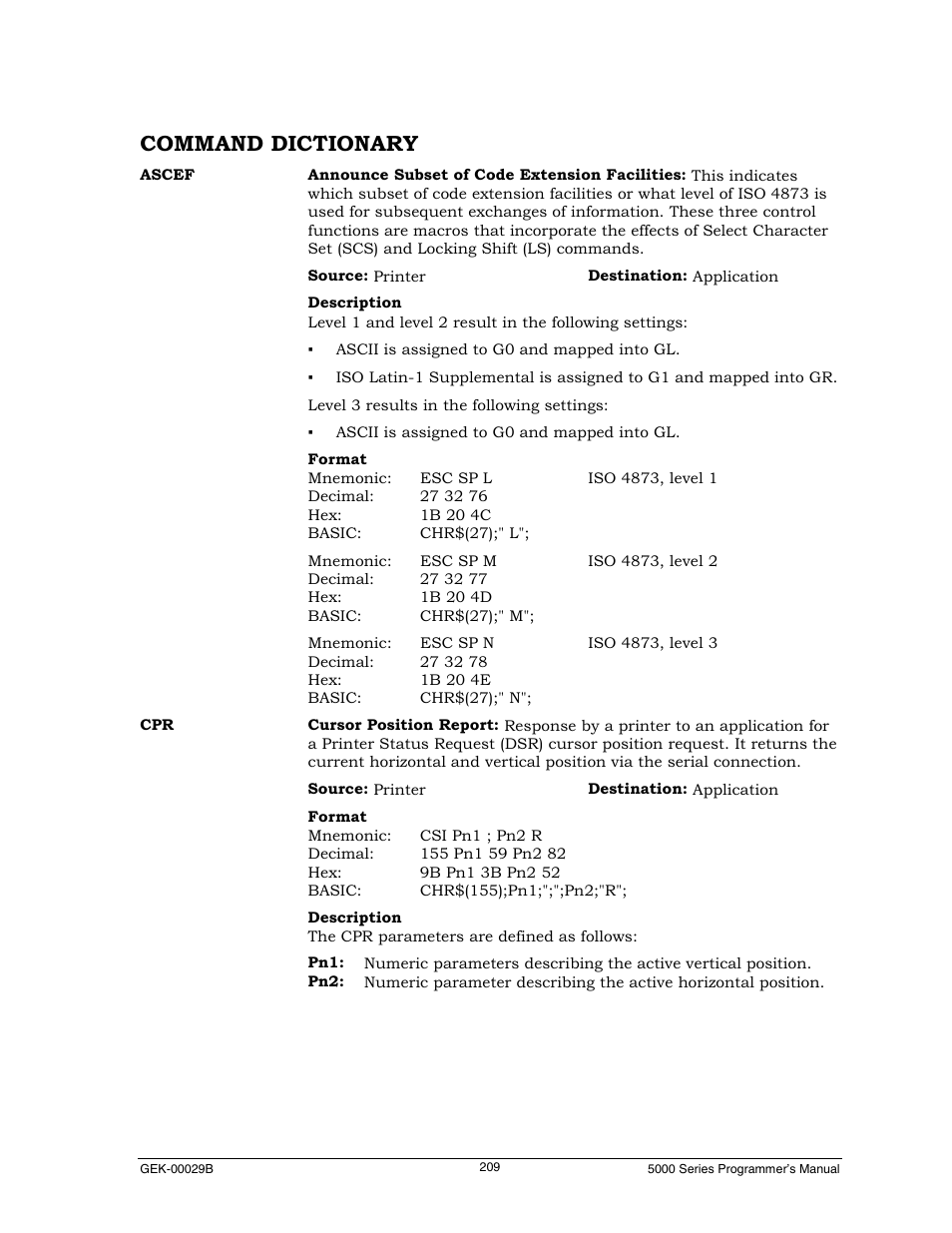 Command dictionary | Genicom GEK 00031B User Manual | Page 209 / 314