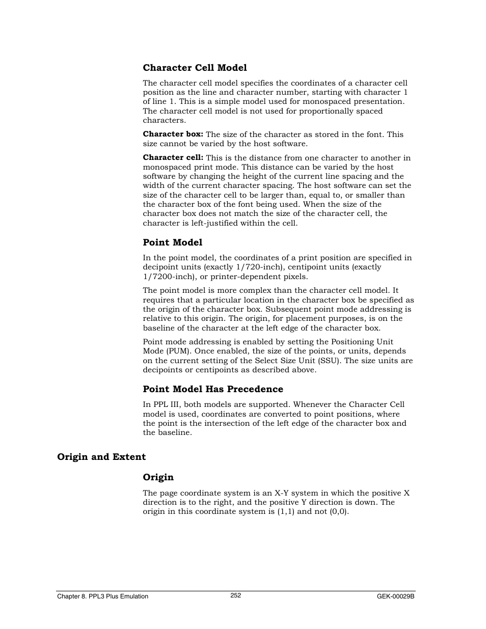 Character cell model, Point model, Point model has precedence | Origin and extent, Origin | Genicom GEK 00031B User Manual | Page 252 / 314