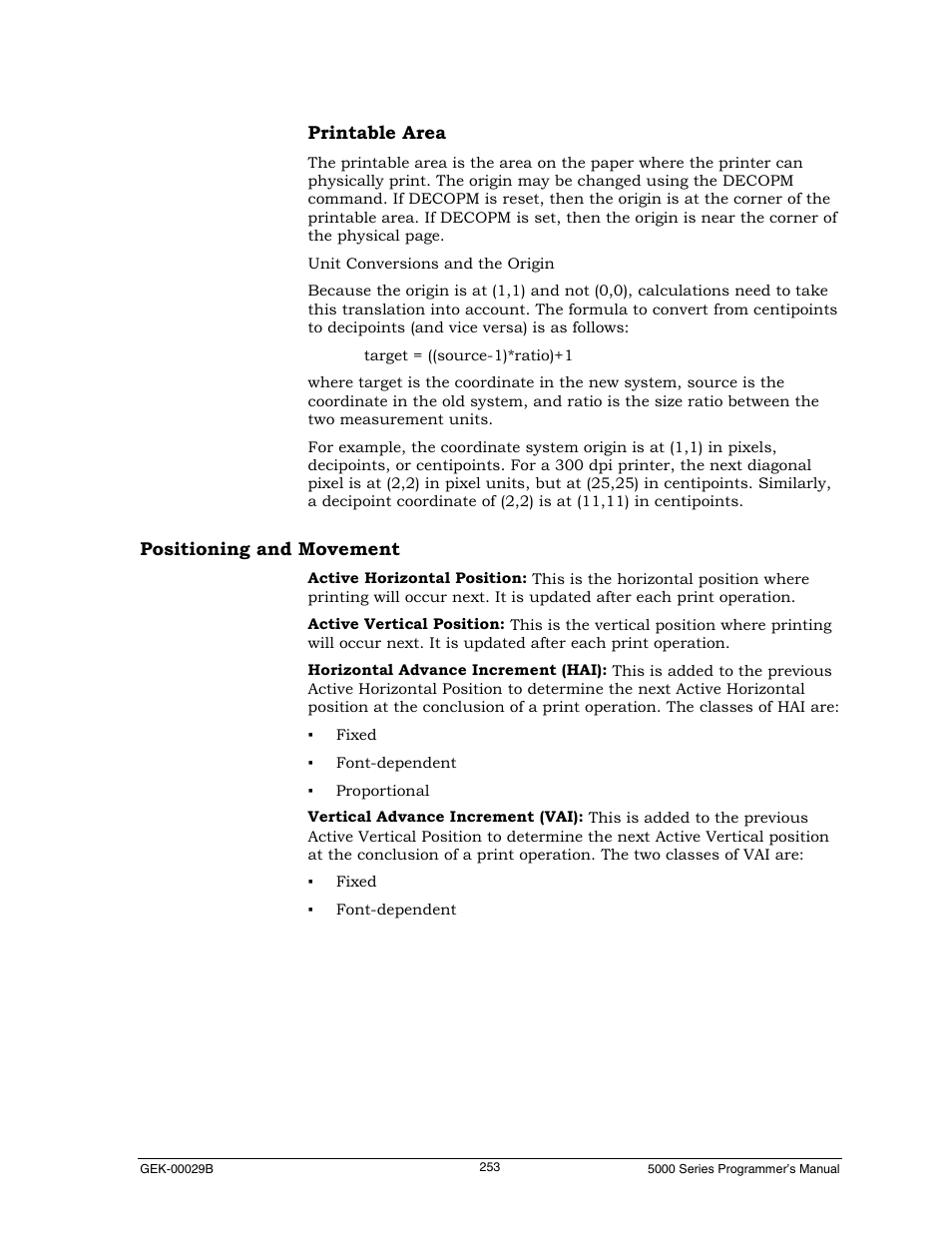 Printable area, Positioning and movement | Genicom GEK 00031B User Manual | Page 253 / 314