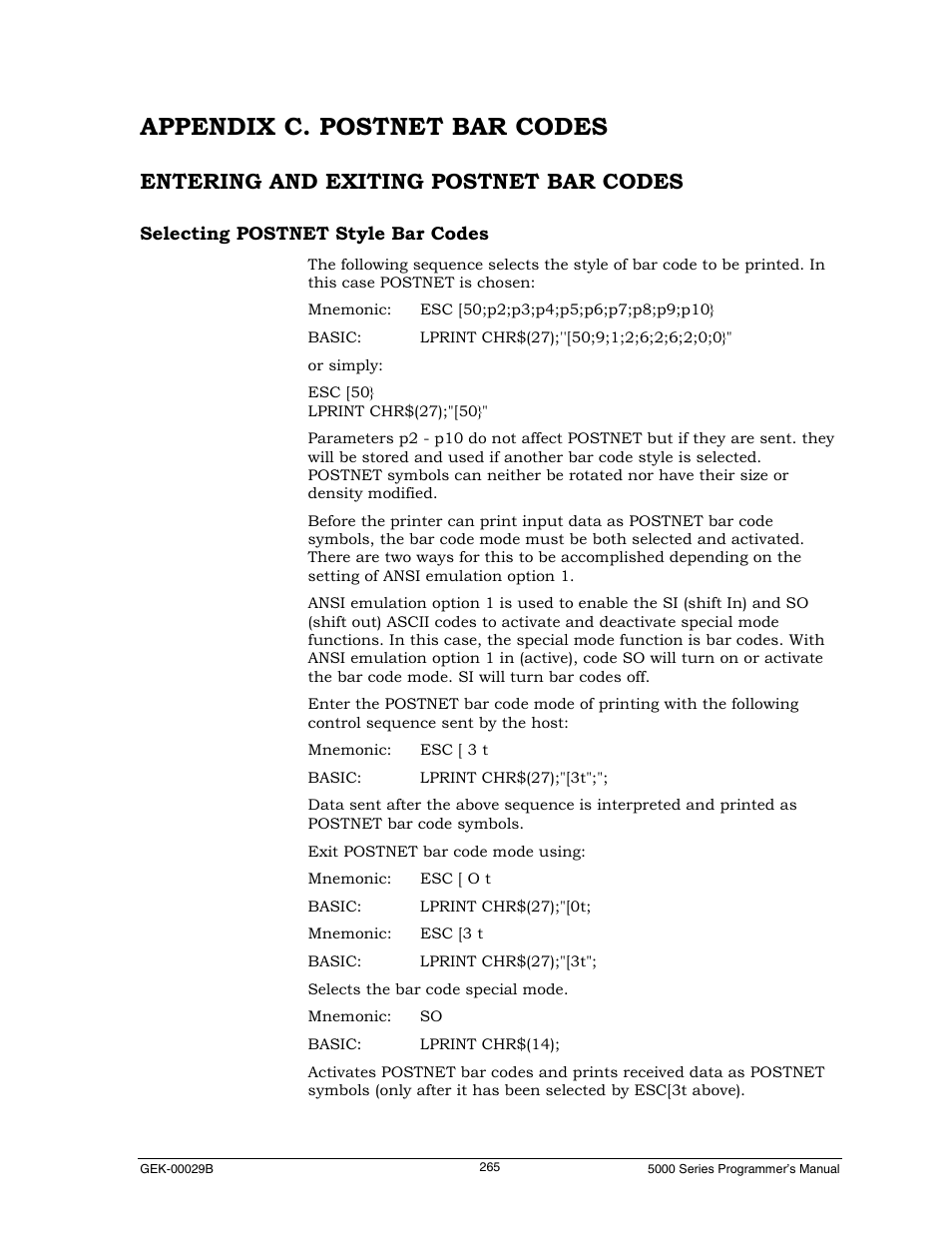 Appendix c. postnet bar codes, Entering and exiting postnet bar codes, Selecting postnet style bar codes | Genicom GEK 00031B User Manual | Page 265 / 314