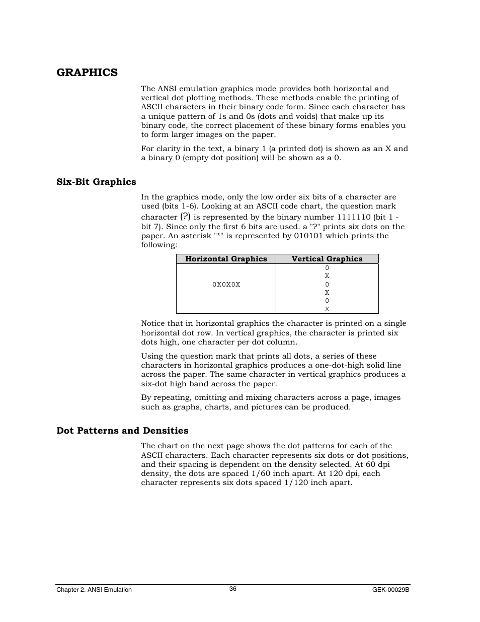 Graphi cs, Si x-bit graphi cs, Dot patterns and densities | Graphics | Genicom GEK 00031B User Manual | Page 36 / 314