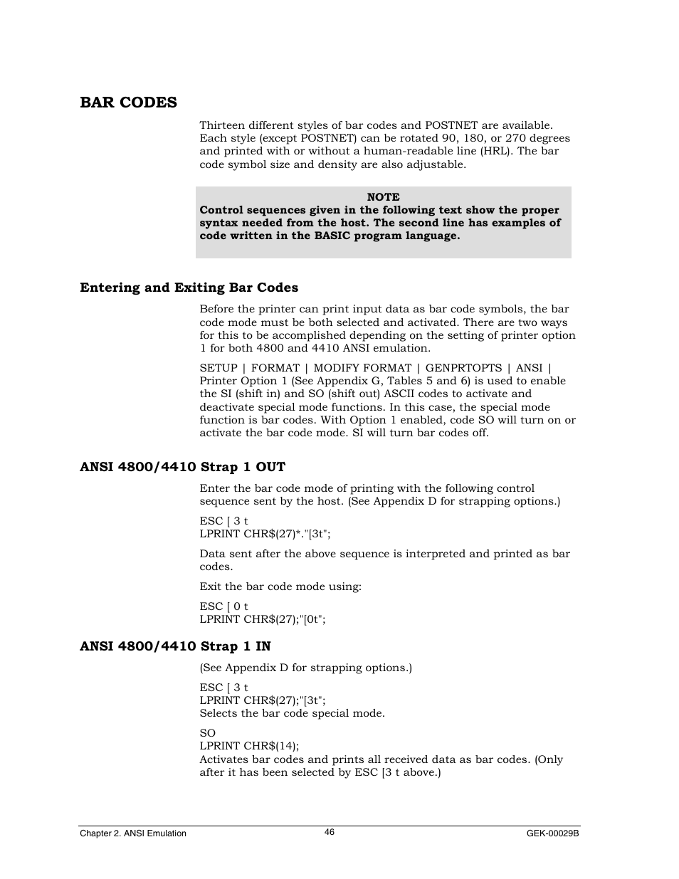 Bar codes, Entering and exiting bar codes, Ansi 4800/4410 strap 1 out | Ansi 4800/4410 strap 1 in | Genicom GEK 00031B User Manual | Page 46 / 314