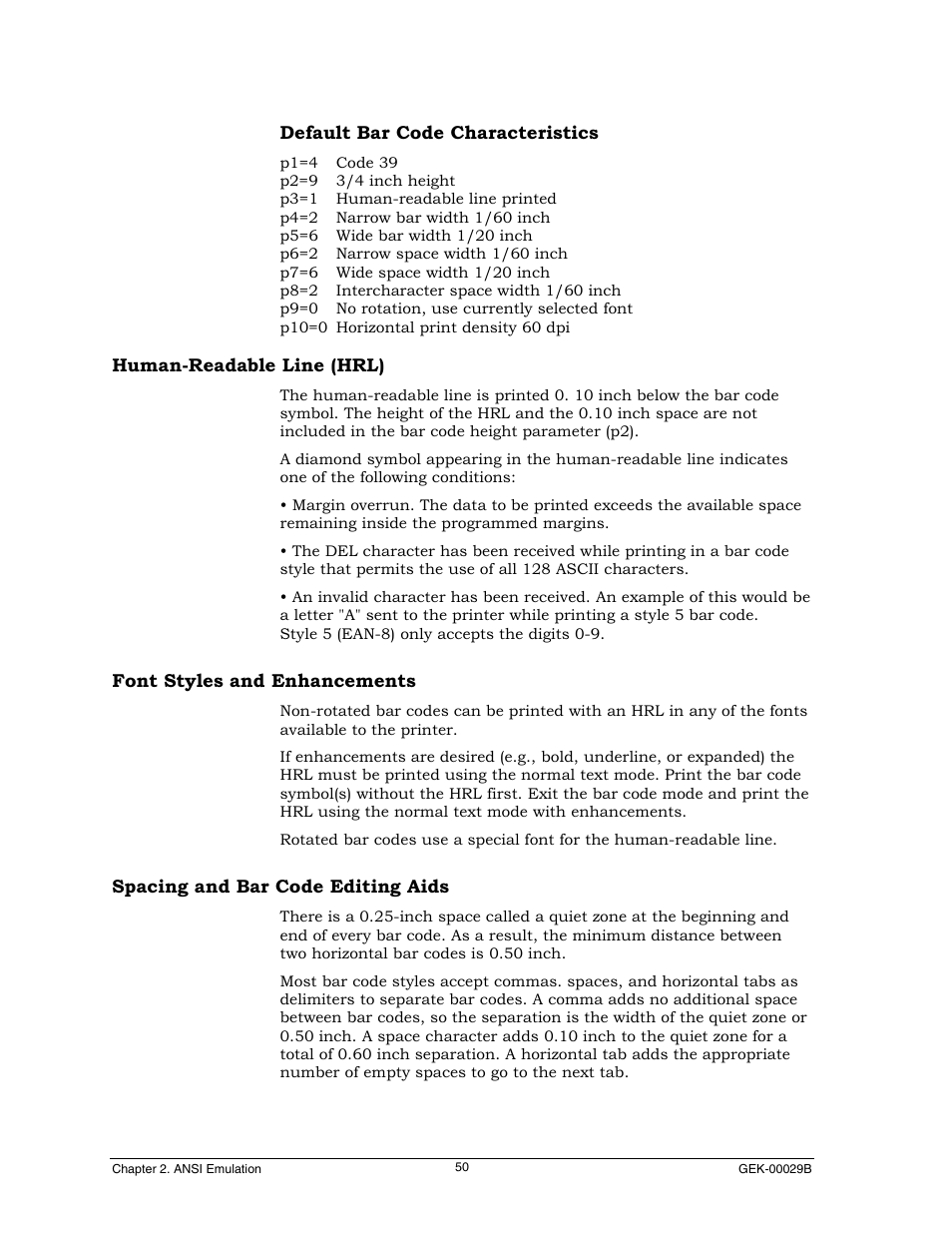Human-readable line (hrl), Font styles and enhancements, Spacing and bar code editing aids | Genicom GEK 00031B User Manual | Page 50 / 314