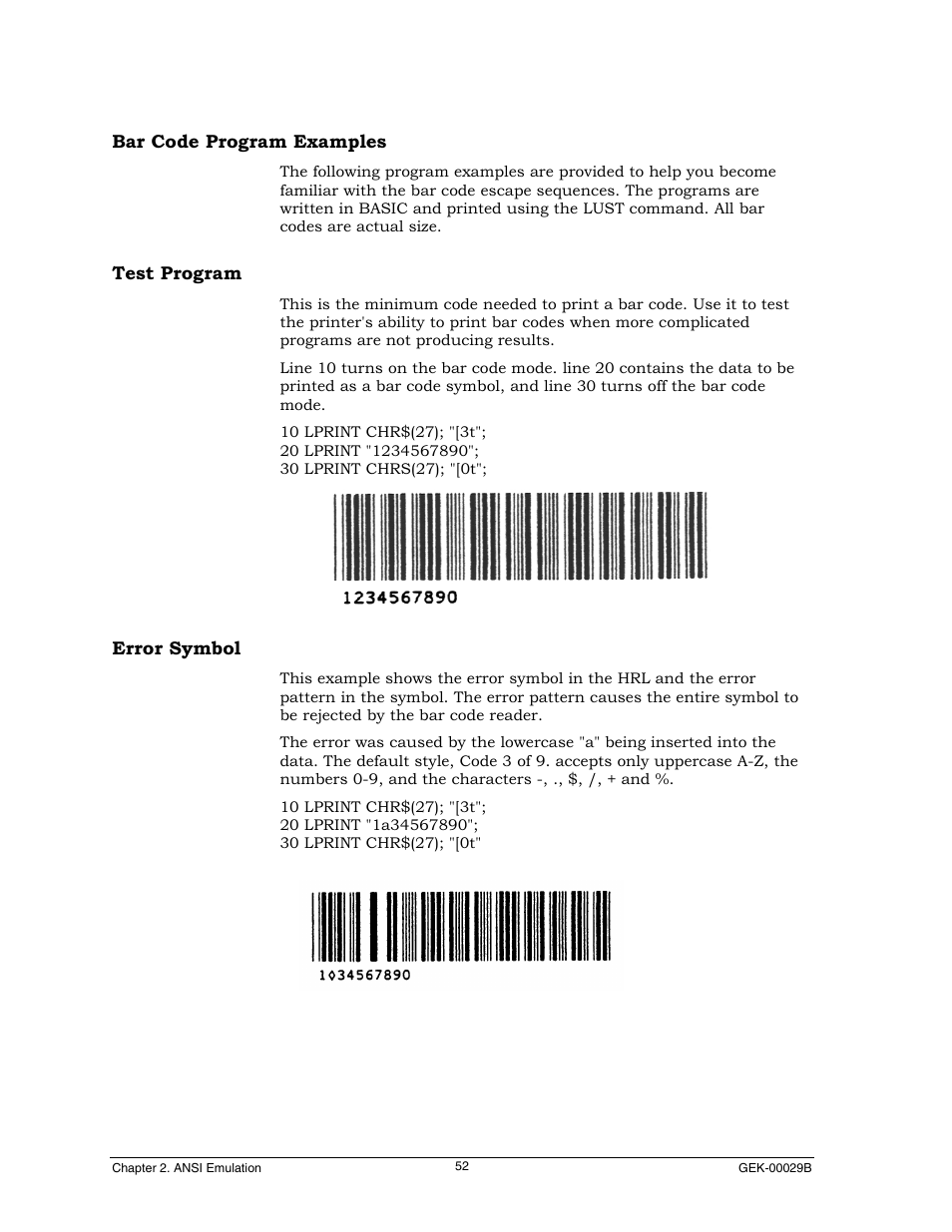 Bar code program examples, Test program, Error symbol | Genicom GEK 00031B User Manual | Page 52 / 314
