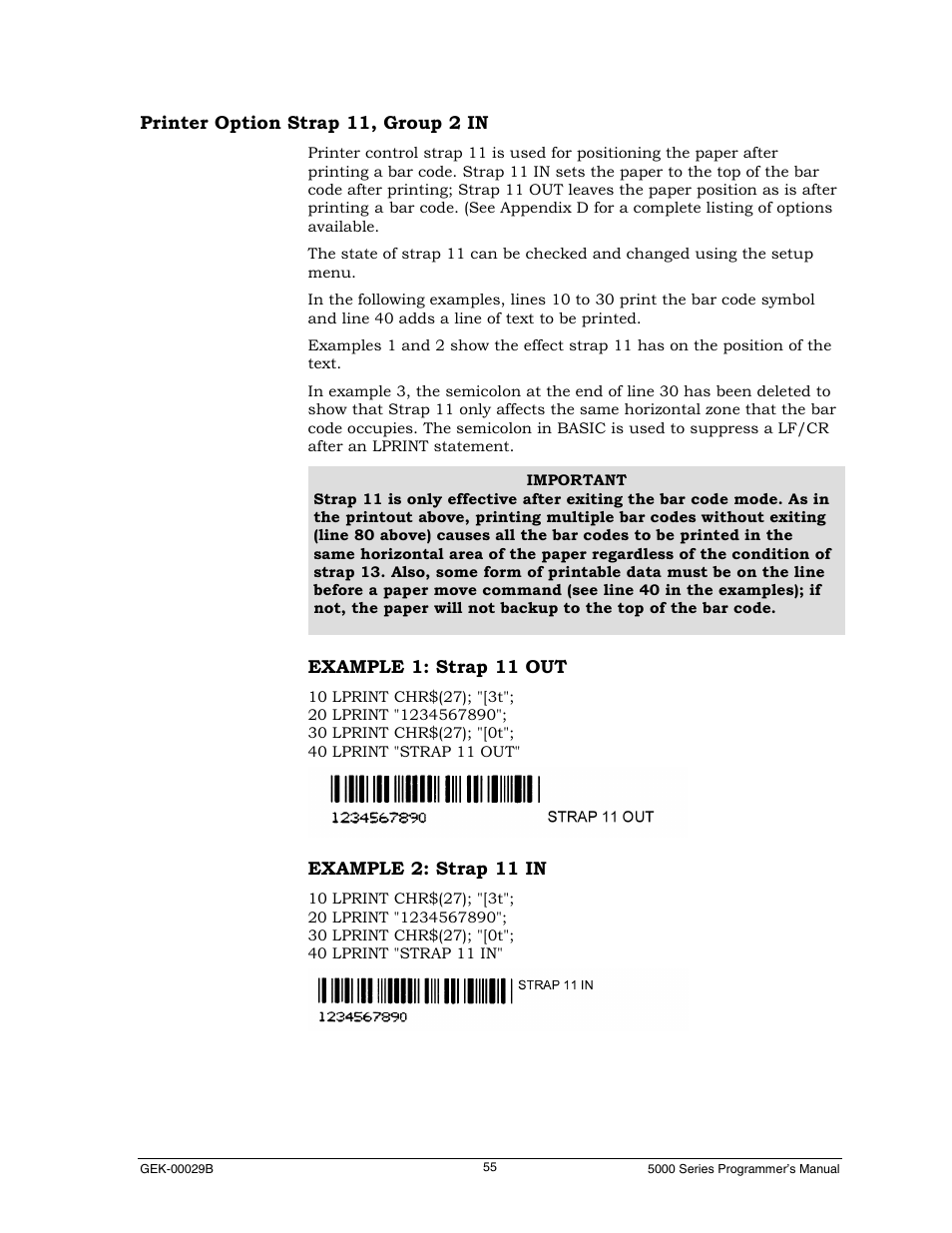 Printer option strap 11, group 2 in, Example 1: strap 11 out, Example 2: strap 11 in | Genicom GEK 00031B User Manual | Page 55 / 314
