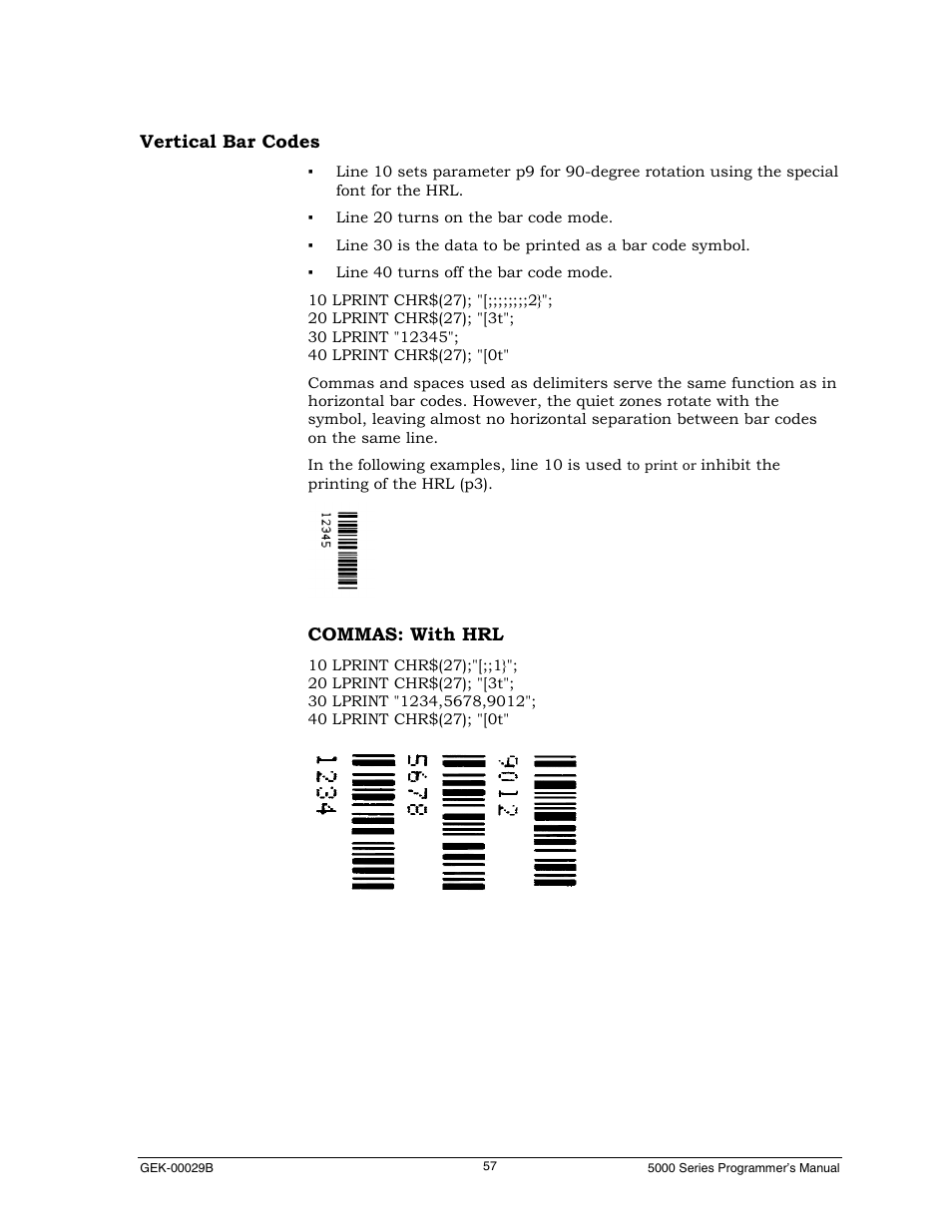 Vertical bar codes, Commas: with hrl | Genicom GEK 00031B User Manual | Page 57 / 314