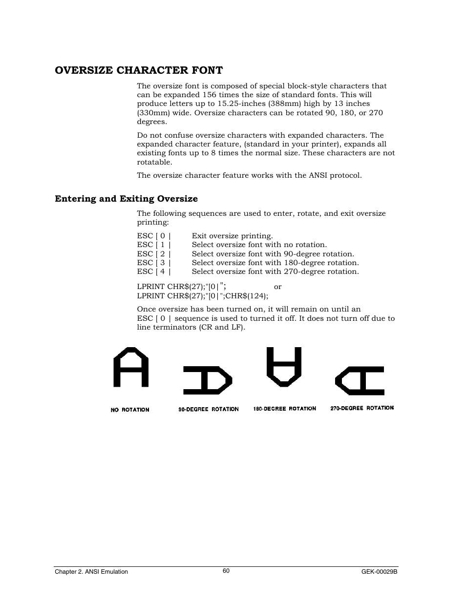 Oversize character font, Entering and exiting oversize | Genicom GEK 00031B User Manual | Page 60 / 314