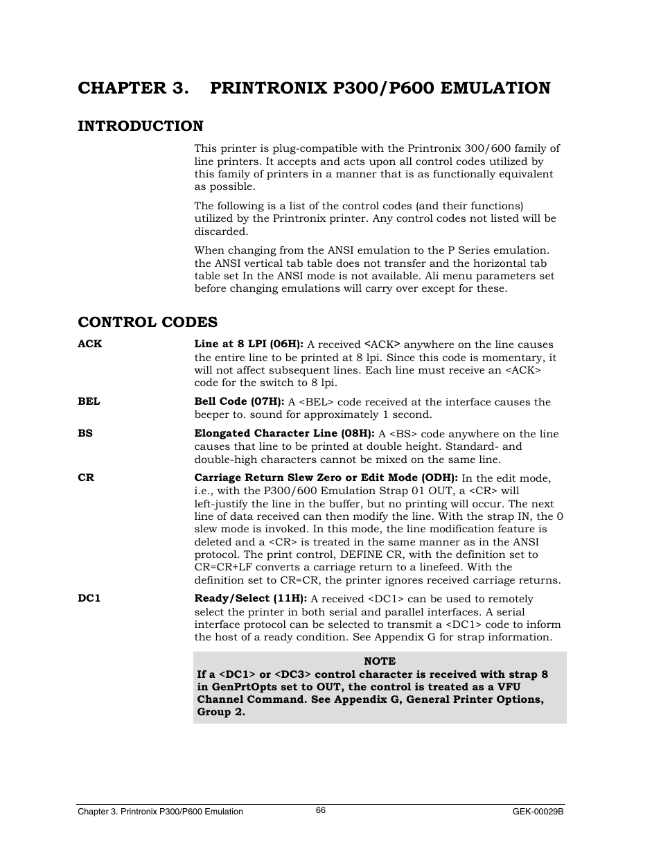 Chapter 3. printronix p300/p600 emulation, Introduction, Control codes | Genicom GEK 00031B User Manual | Page 66 / 314