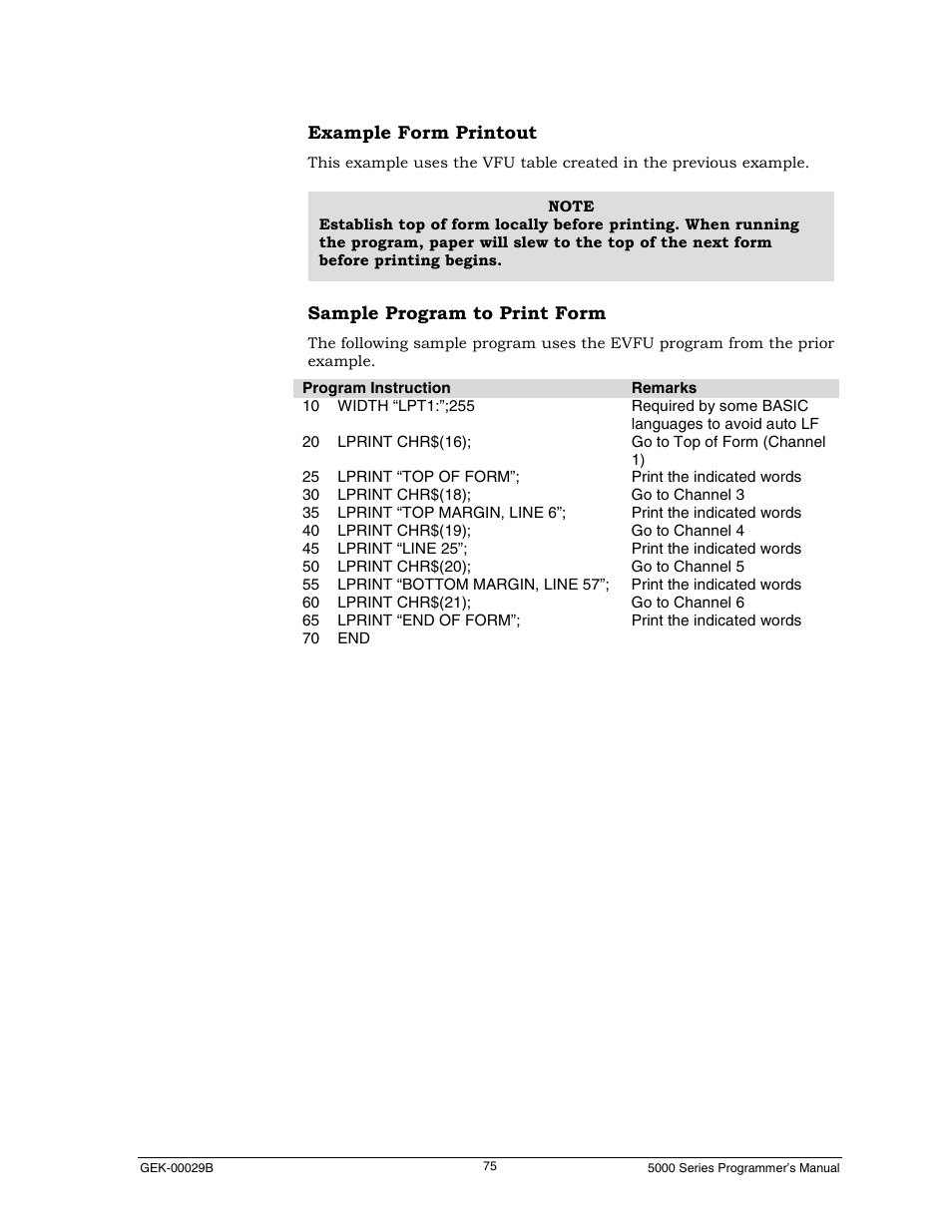 Example form printout | Genicom GEK 00031B User Manual | Page 75 / 314