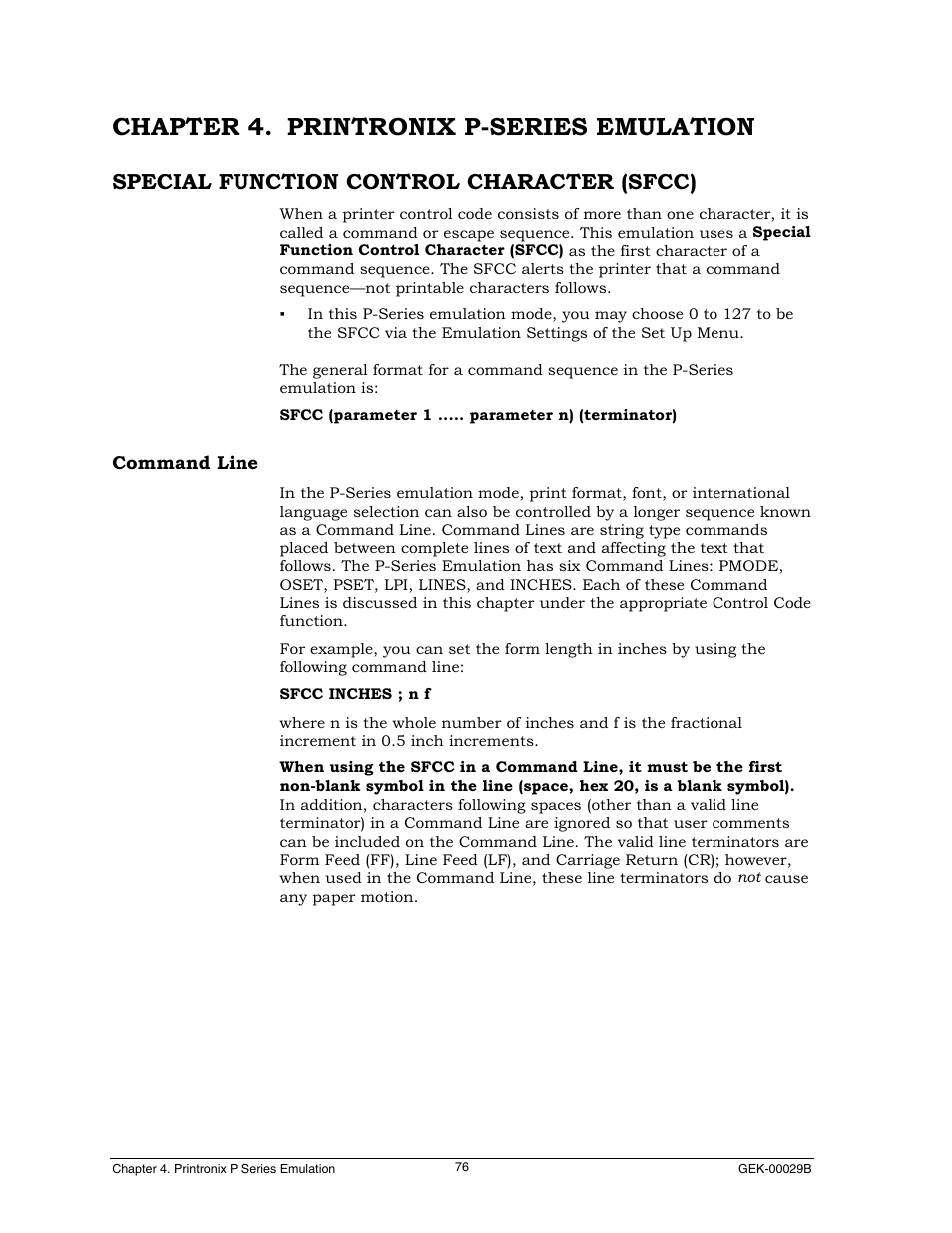 Chapter 4. printronix p-series emulation, Special function control character (sfcc), Command line | Genicom GEK 00031B User Manual | Page 76 / 314