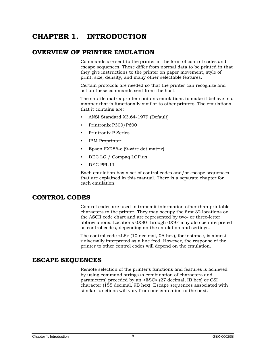 Chapter 1. introduction, Overview of printer emulation, Control codes | Escape sequences | Genicom GEK 00031B User Manual | Page 8 / 314